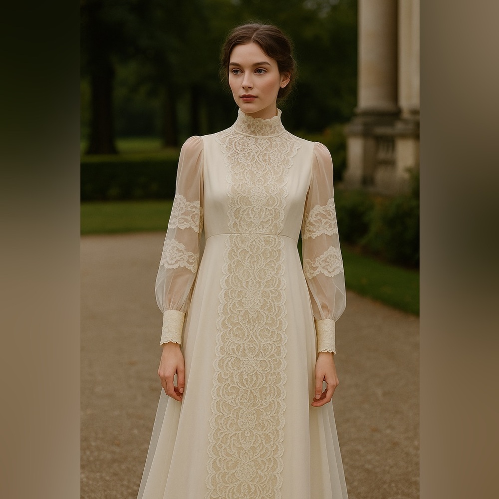 Vintage 1970s Victorian Lace Bridal Gown High Neck Bow Train Long Sleeve Dress